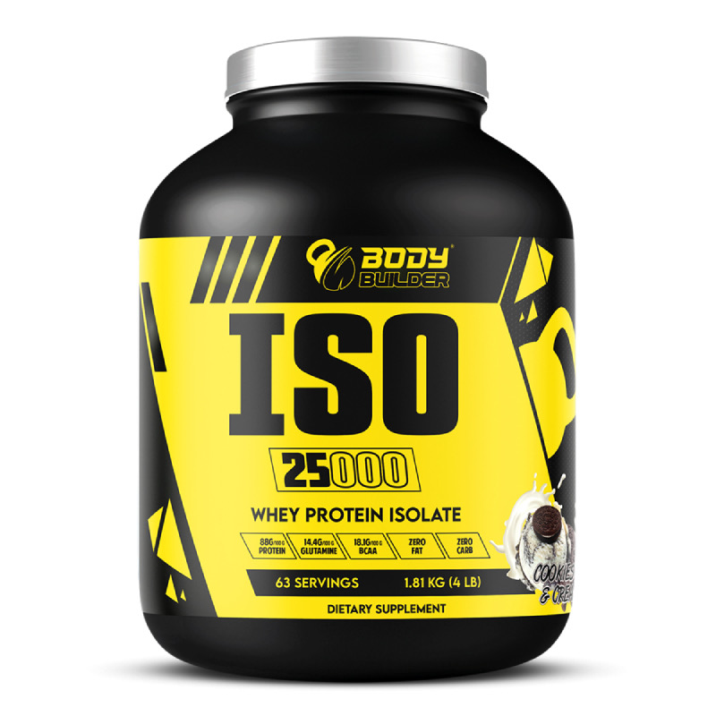 BODY BUILDER ISO 25000 WHEY PROTEIN 4LB/1.81KG 63 SERVINGS COOKIES CREAM